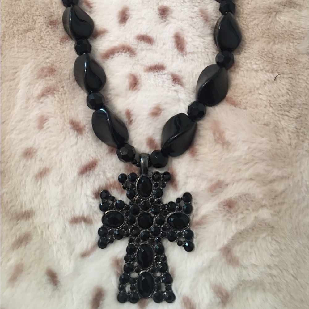 Statement black beaded cross necklace and earrings set. - Picture 2 of 4